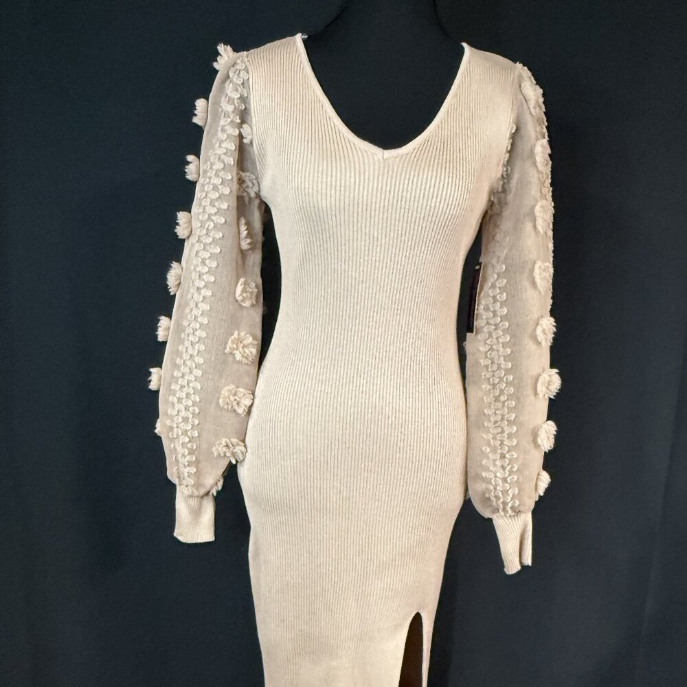 New Beige Ribbed Midi Dress | Statement Sleeve Elegant Dress